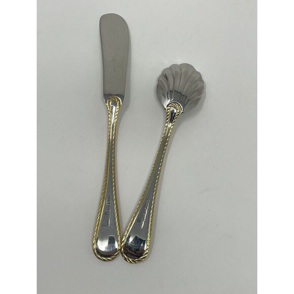 Oneida GOLDEN BELMONT Stainless Rope Edge Gold Butter Spreader Sugar Shell Spoon - Picture 5 of 7